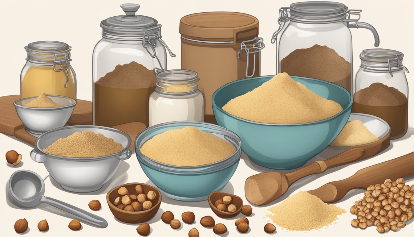 A kitchen counter with jars of hazelnut flour, surrounded by fresh hazelnuts, a mixing bowl, and various cooking utensils