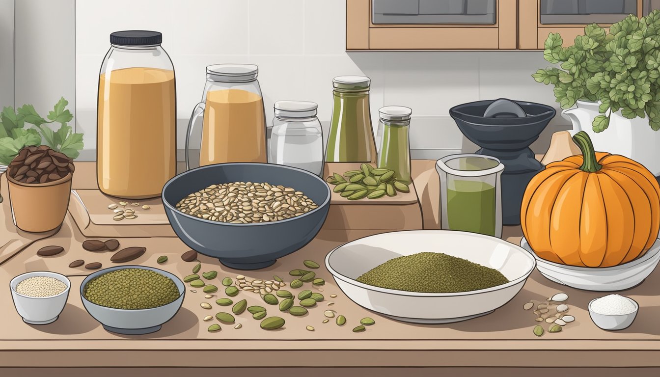 A kitchen counter with various ingredients and utensils laid out for making pumpkin seed protein bars