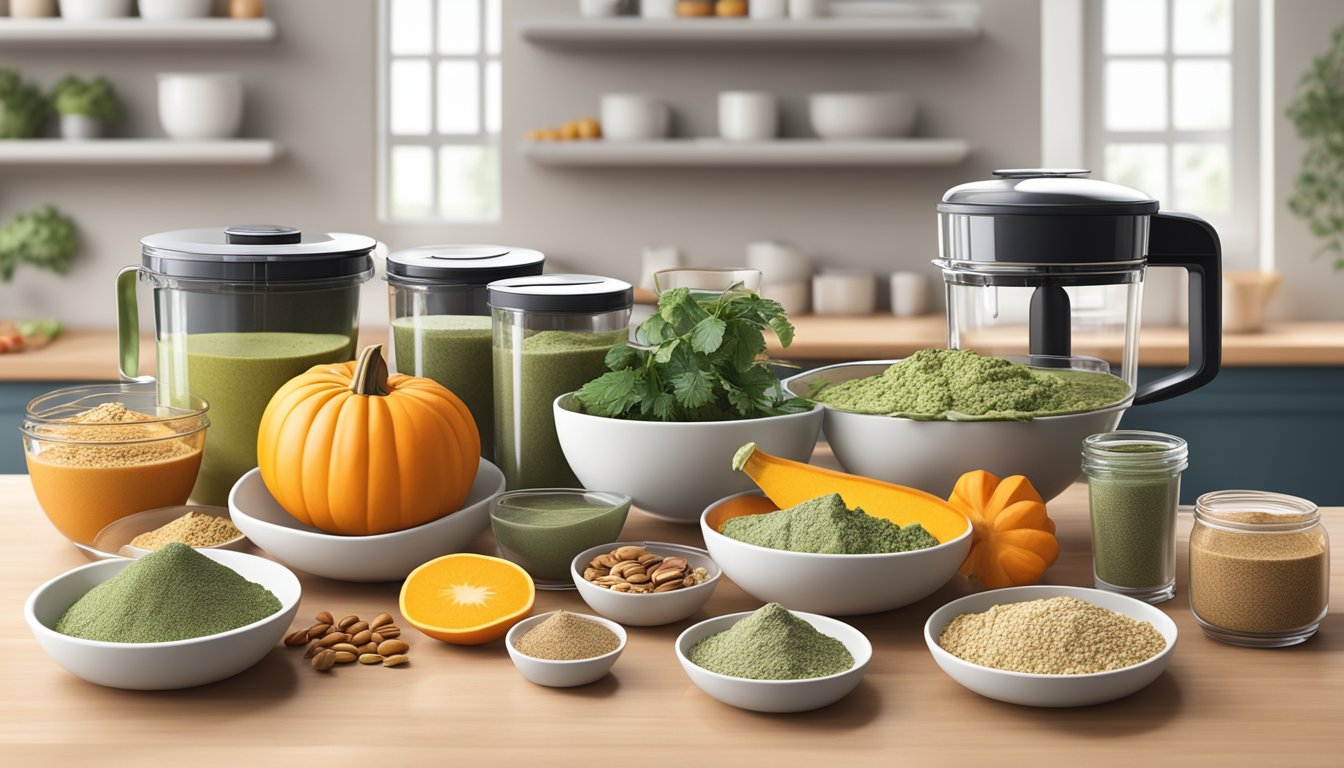 A kitchen counter with various ingredients and containers, including pumpkin seed protein powder, fruits, vegetables, and nuts. Mixing bowls and utensils are also present