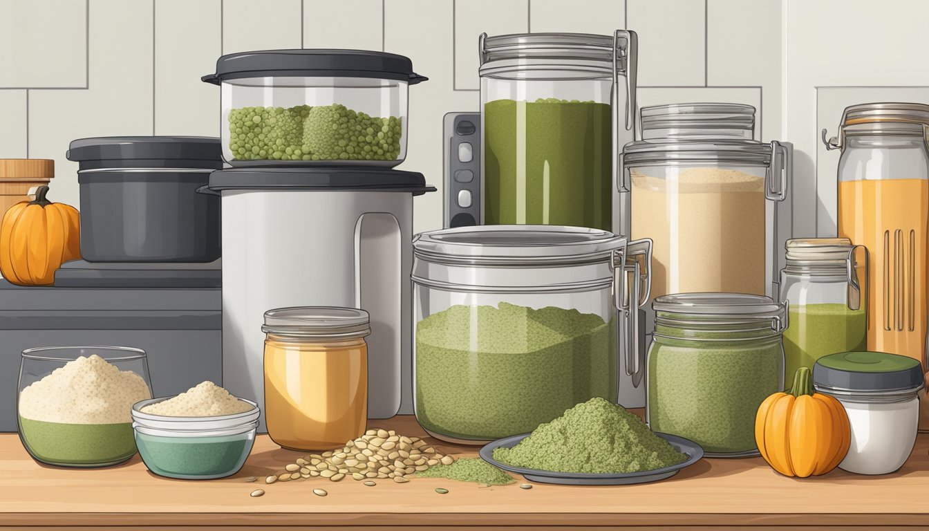 A kitchen counter with various ingredients and containers, including pumpkin seed protein powder, surrounded by cooking utensils and meal prep containers