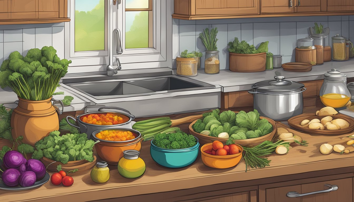 A rustic kitchen counter with a variety of colorful vegetables, a pot of simmering curry, and prepped turnips in containers