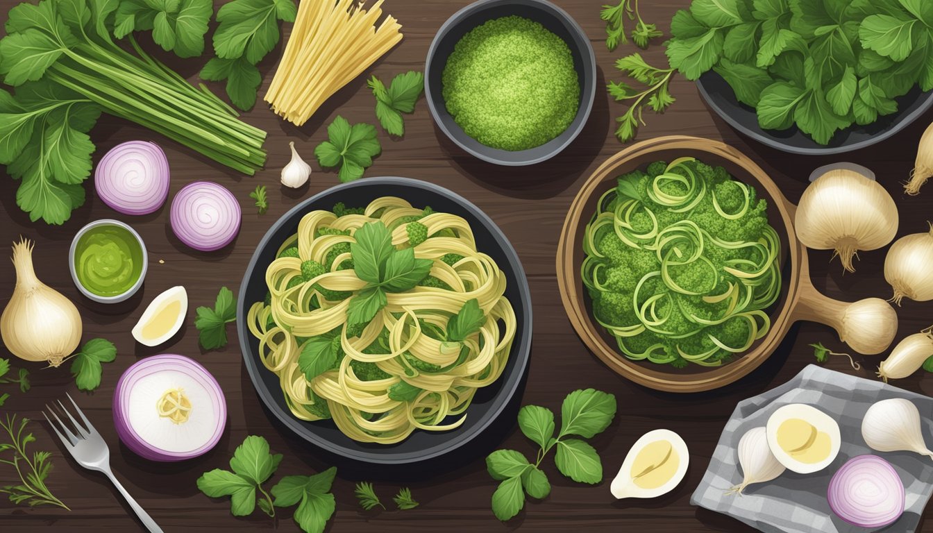 A rustic kitchen table with a bowl of vibrant turnip green pesto pasta surrounded by fresh turnips, garlic, and herbs