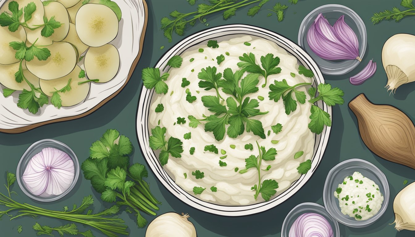 A bowl of mashed turnips with herbs surrounded by ingredients and meal prep containers