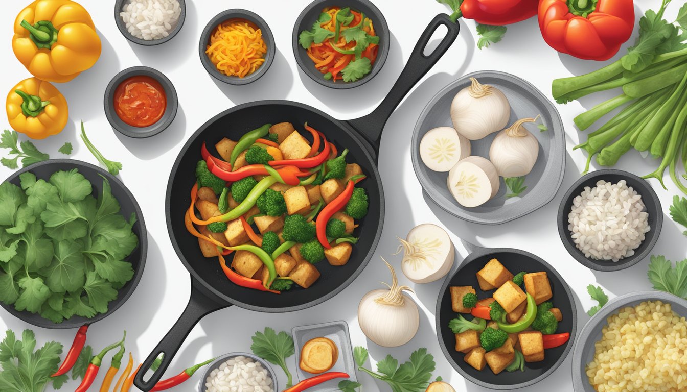 A sizzling stir fry pan with turnips and peppers, surrounded by meal prep containers