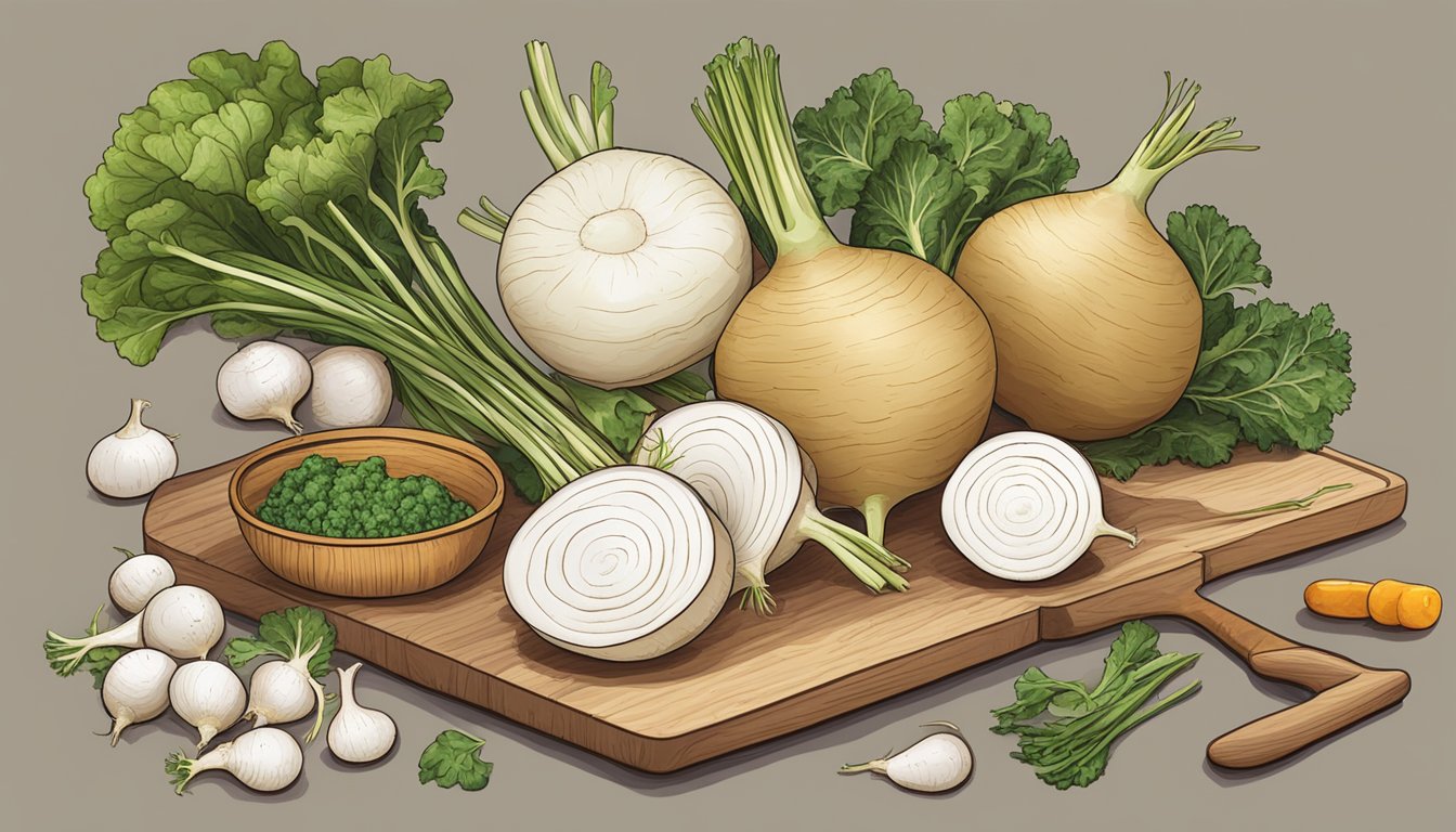 A variety of turnips and fresh ingredients arranged on a wooden cutting board, surrounded by cooking utensils and meal prep containers