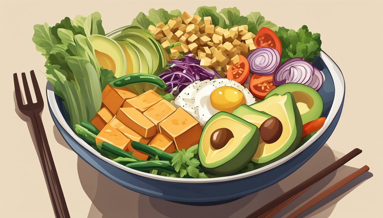 A colorful Buddha bowl with tofu, avocado, and assorted vegetables arranged in a visually appealing and balanced composition