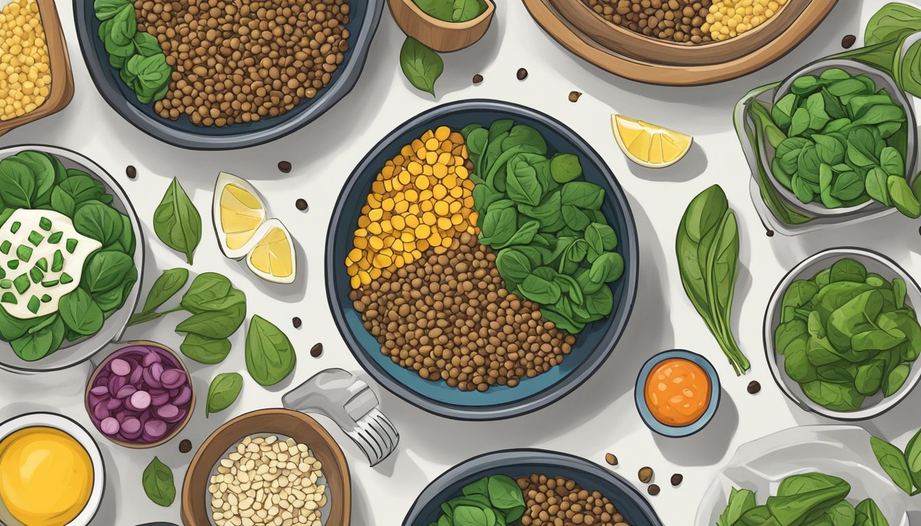 A colorful Buddha bowl filled with lentils, spinach, and other healthy ingredients, neatly arranged in a meal prep setting