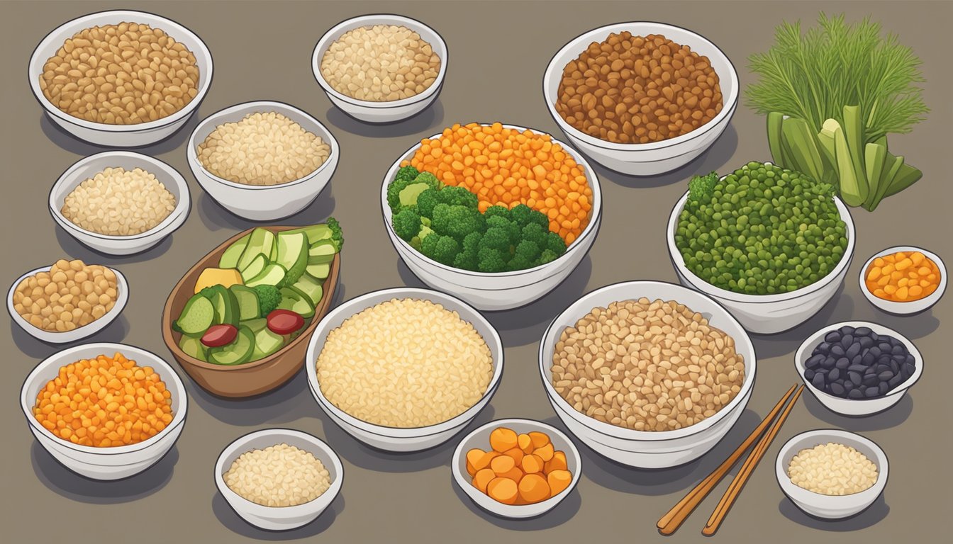 A colorful array of cooked brown rice and various chopped vegetables arranged in separate sections of a round bowl