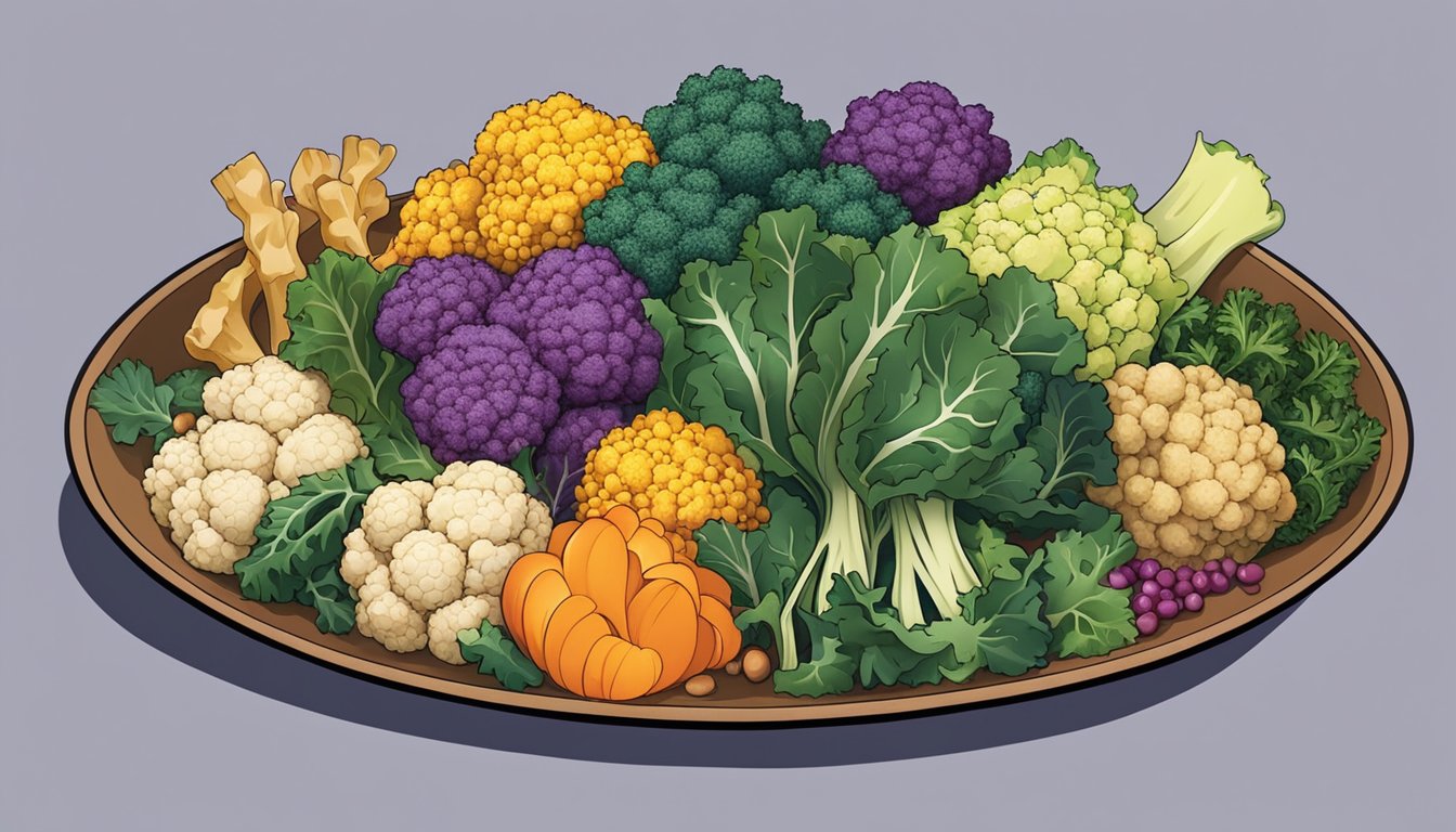 A colorful bowl filled with roasted cauliflower, kale, quinoa, and other fresh ingredients, arranged in an aesthetically pleasing manner