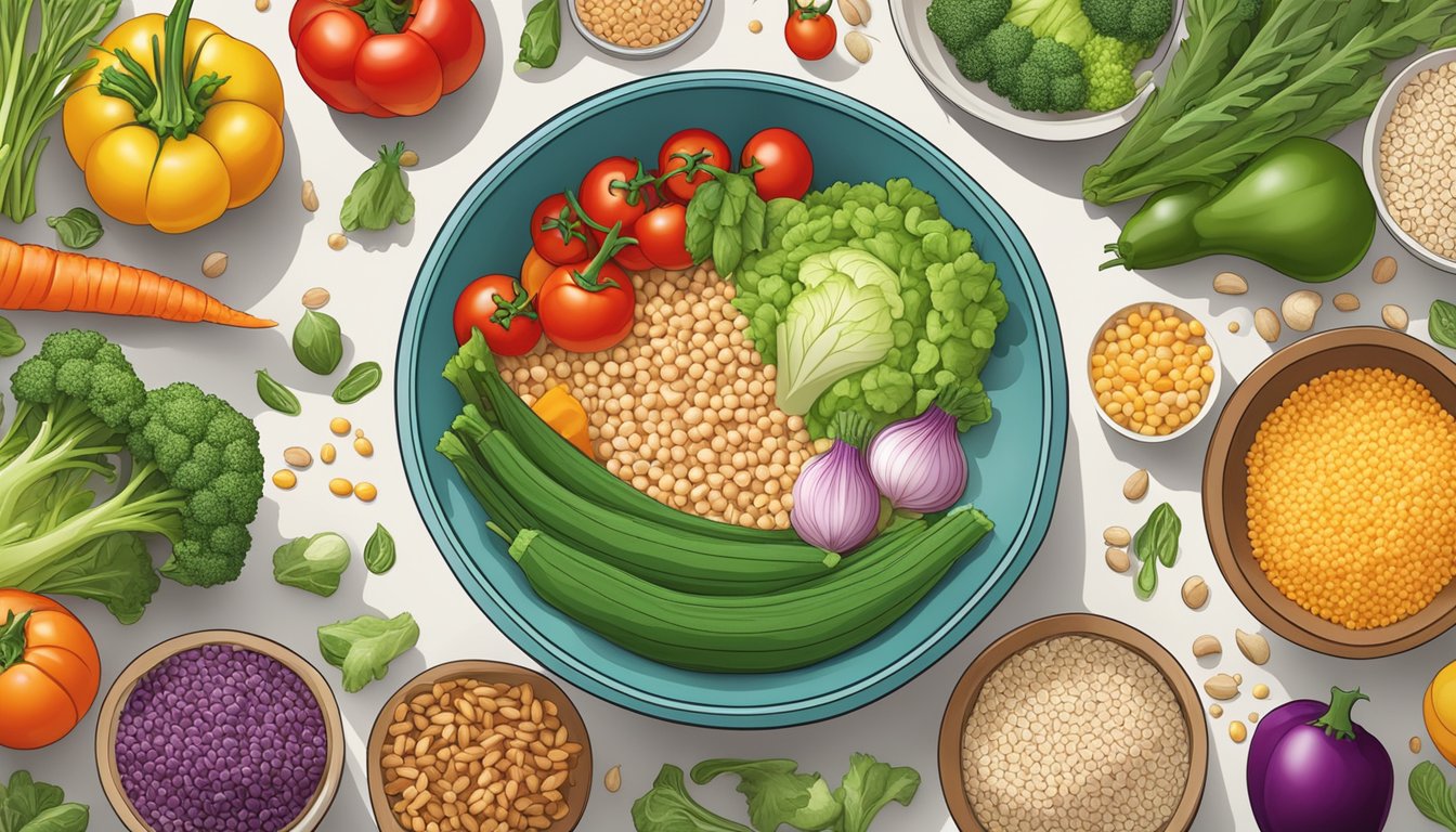 A colorful array of fresh vegetables, grains, and proteins arranged in separate sections within a bowl