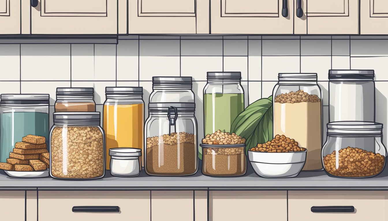 A kitchen counter with a row of freshly baked oatmeal bars, a jar of coconut sugar, and various ingredients for meal prep