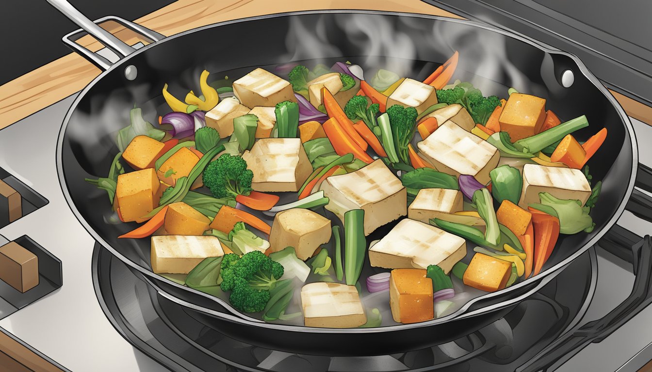 A sizzling skillet with daikon radish, tofu, and colorful stir-fry vegetables being cooked over a hot stove