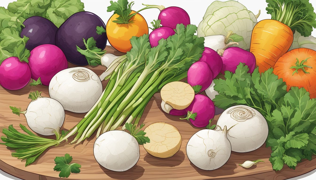 A colorful array of fresh daikon radishes, surrounded by various fruits, vegetables, and herbs, with a cutting board and knife nearby