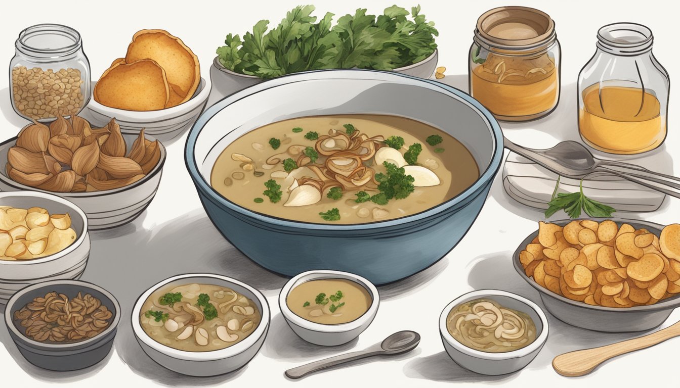 A steaming bowl of sunchoke soup topped with caramelized onions, surrounded by a collection of meal prep ingredients and recipes