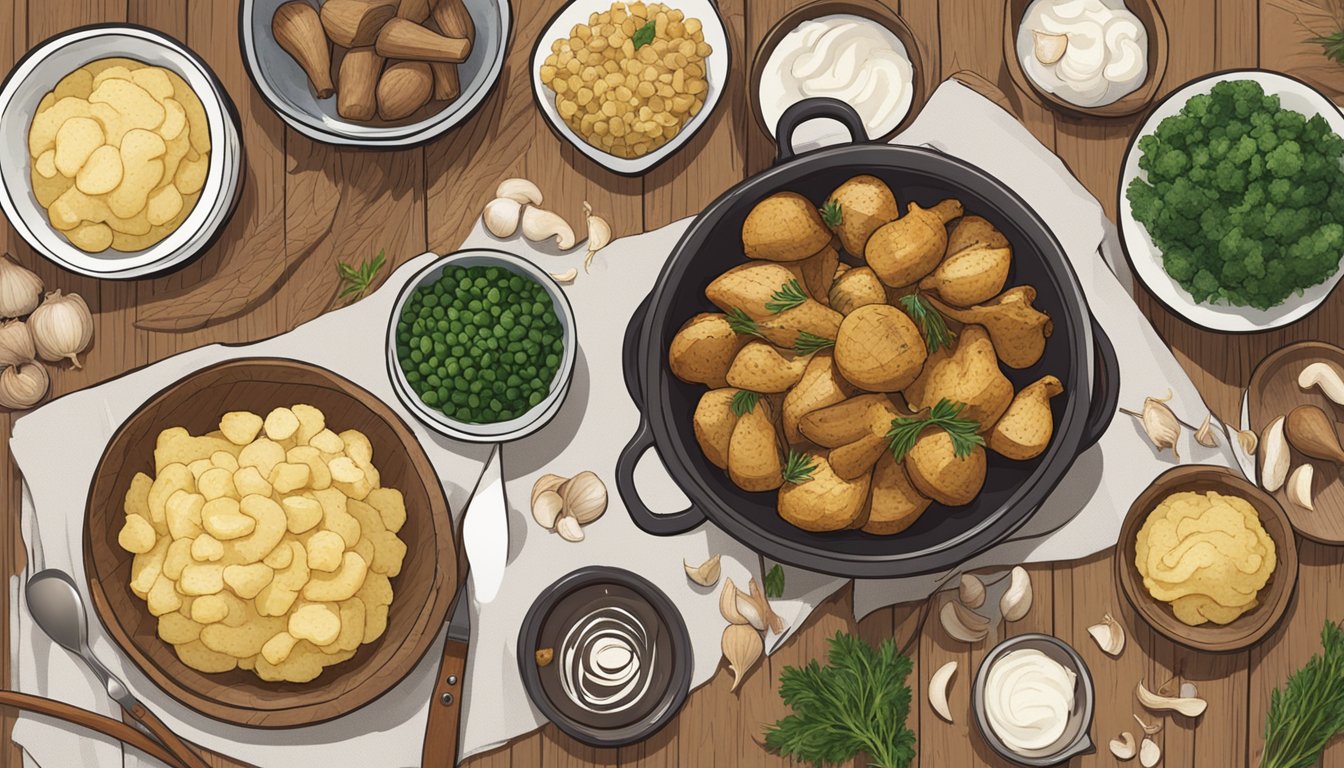 A rustic wooden table with a bowl of roasted sunchokes and garlic mash, surrounded by various meal prep ingredients and utensils