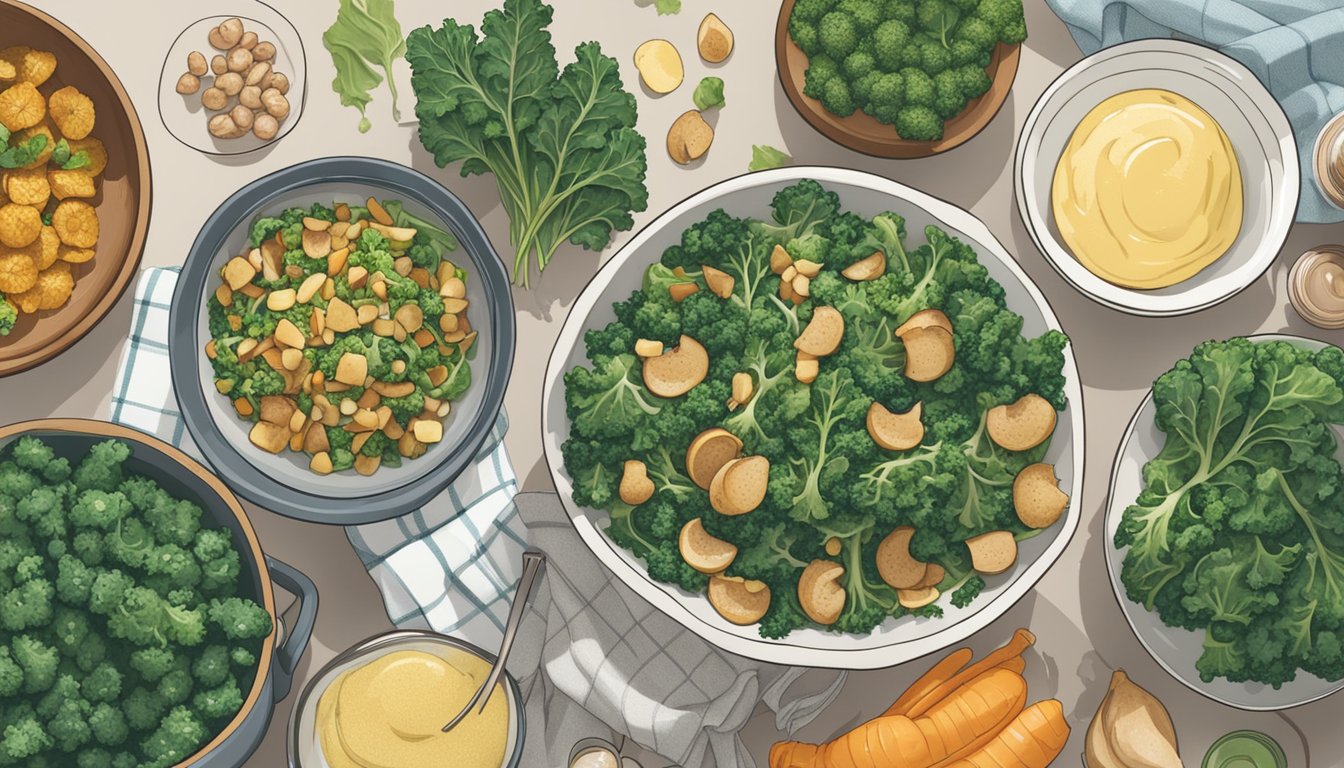 A bowl of sunchoke and kale salad surrounded by ingredients and meal prep containers on a kitchen counter