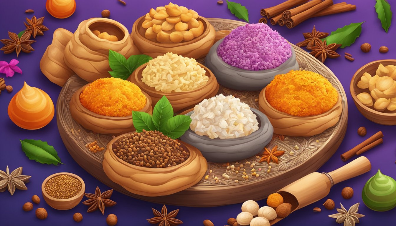 A colorful array of Gujiya pastries surrounded by vibrant spices and ingredients, with festive decorations in the background