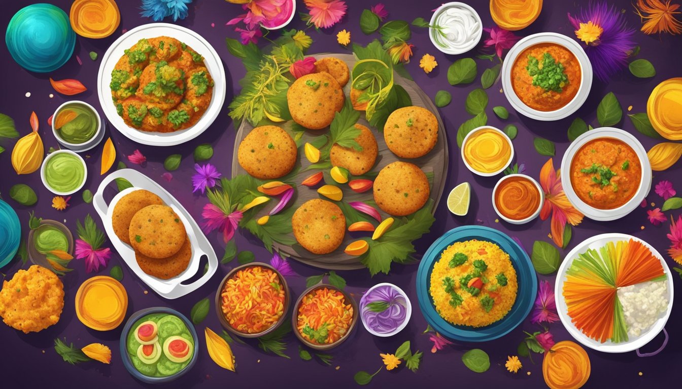 A table set with 10 colorful Aloo Tikki appetizers, surrounded by festive decorations for the Holi festival