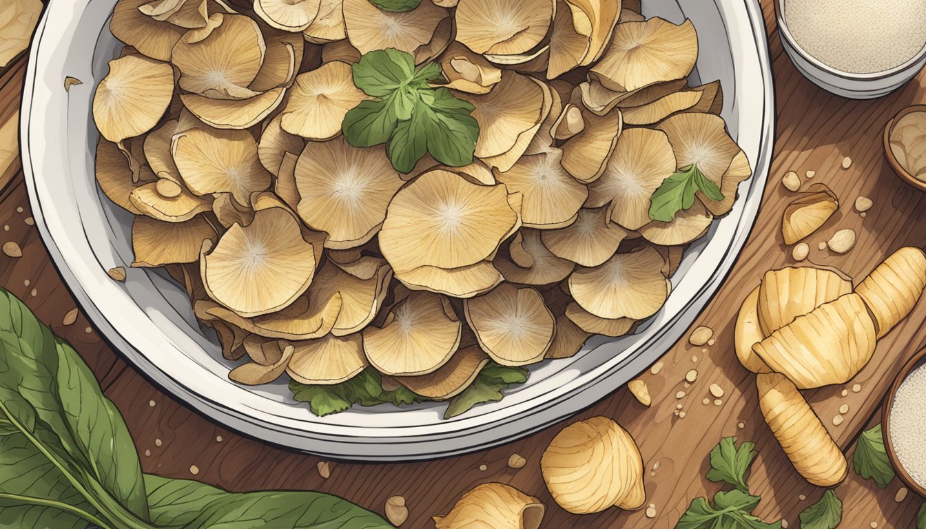 A bowl of sunchoke chips sprinkled with sea salt sits on a wooden cutting board, surrounded by fresh sunchokes and other meal prep ingredients