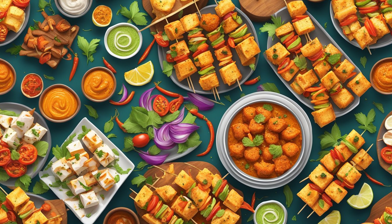 A colorful array of Paneer Tikka skewers arranged on a festive platter, surrounded by vibrant spices and ingredients