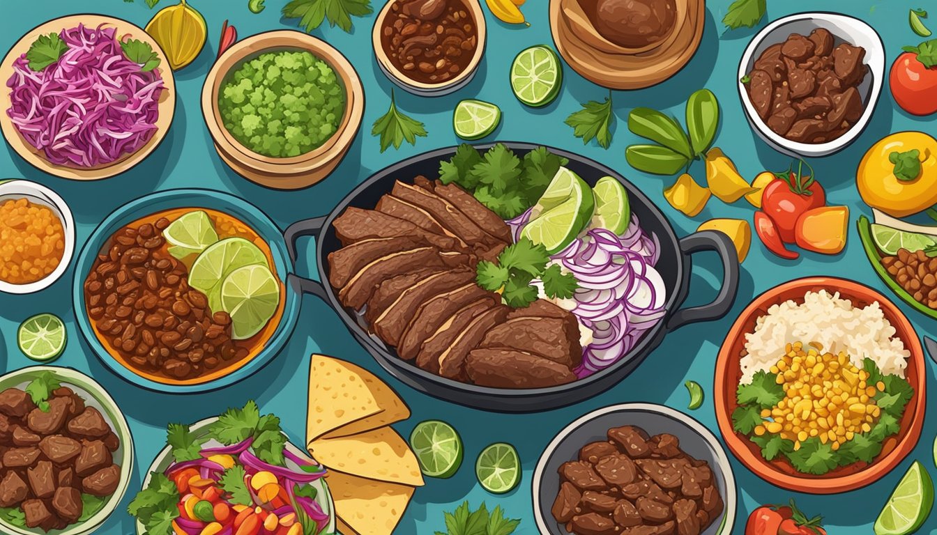 A colorful spread of beef barbacoa bowls, surrounded by vibrant ingredients and festive decorations for Cinco de Mayo meal prep