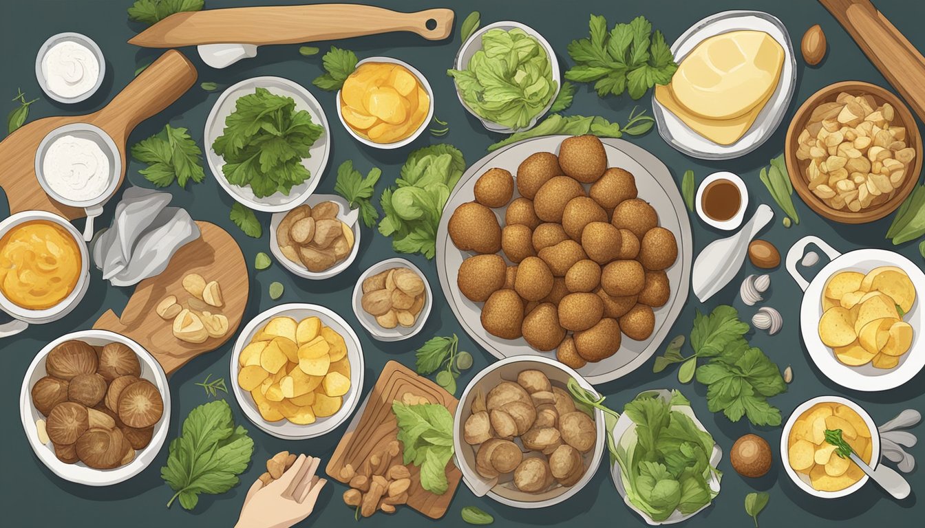 A table spread with various meal prep dishes featuring sunchokes, surrounded by fresh ingredients and cooking utensils