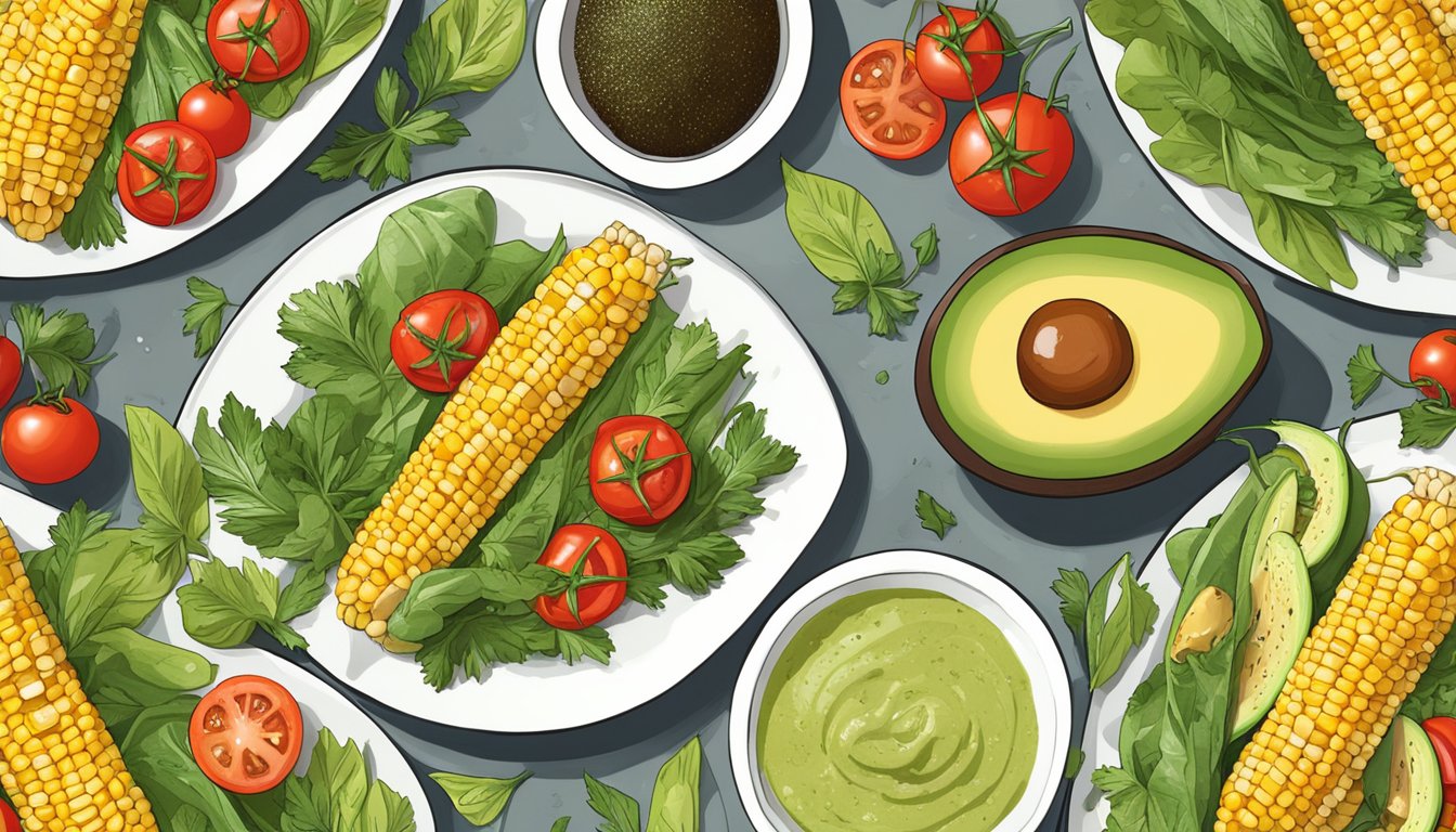 A colorful array of grilled corn, tomatoes, avocados, and greens arranged on a serving platter, garnished with cilantro and drizzled with a zesty dressing