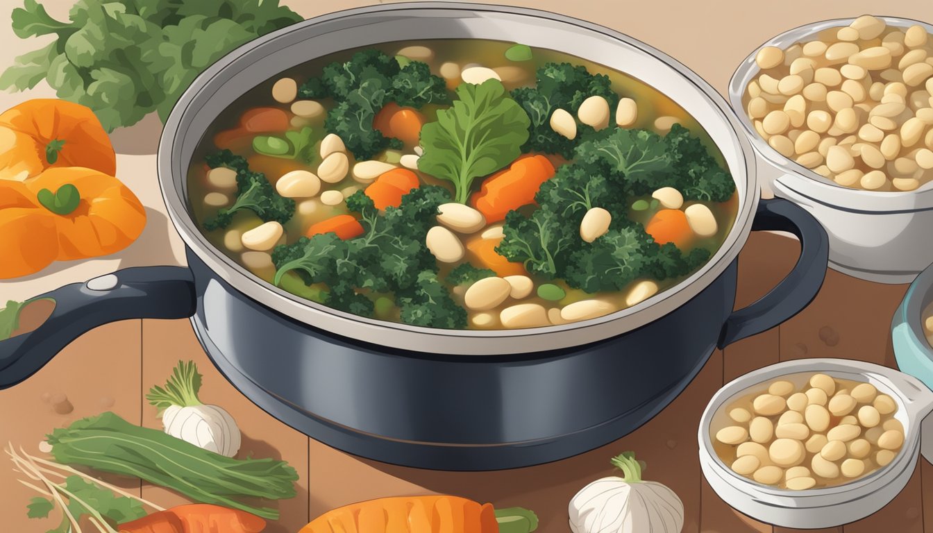 A pot of white bean and kale soup simmering on a stovetop, surrounded by colorful vegetables and herbs