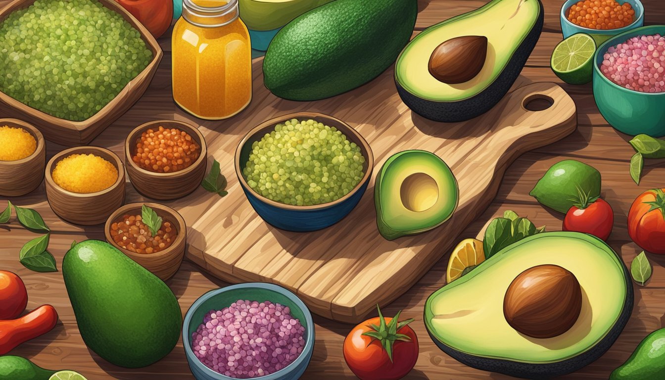 A colorful spread of quinoa, avocado, and other ingredients arranged on a wooden cutting board, surrounded by vibrant Mexican-themed decor