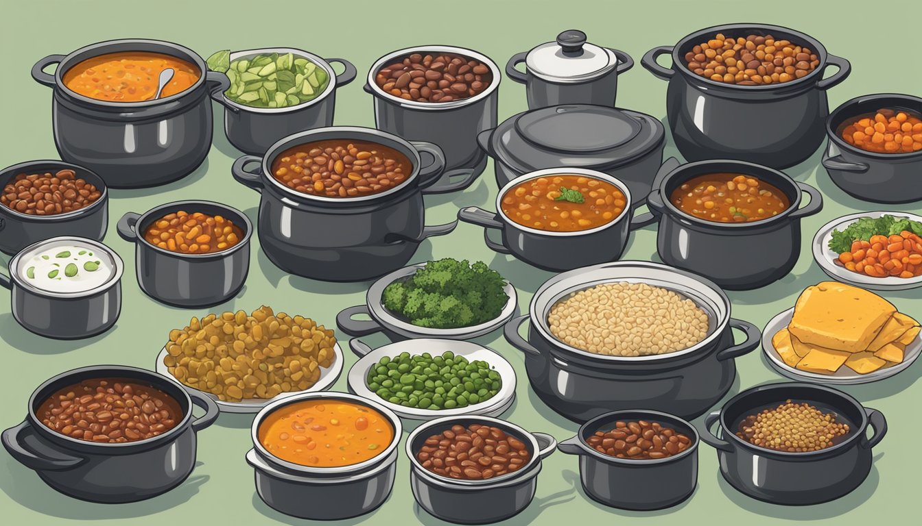 A pot of bean and sweet potato chili simmers on a stovetop, surrounded by various meal prep containers filled with eight different recipes using great northern beans