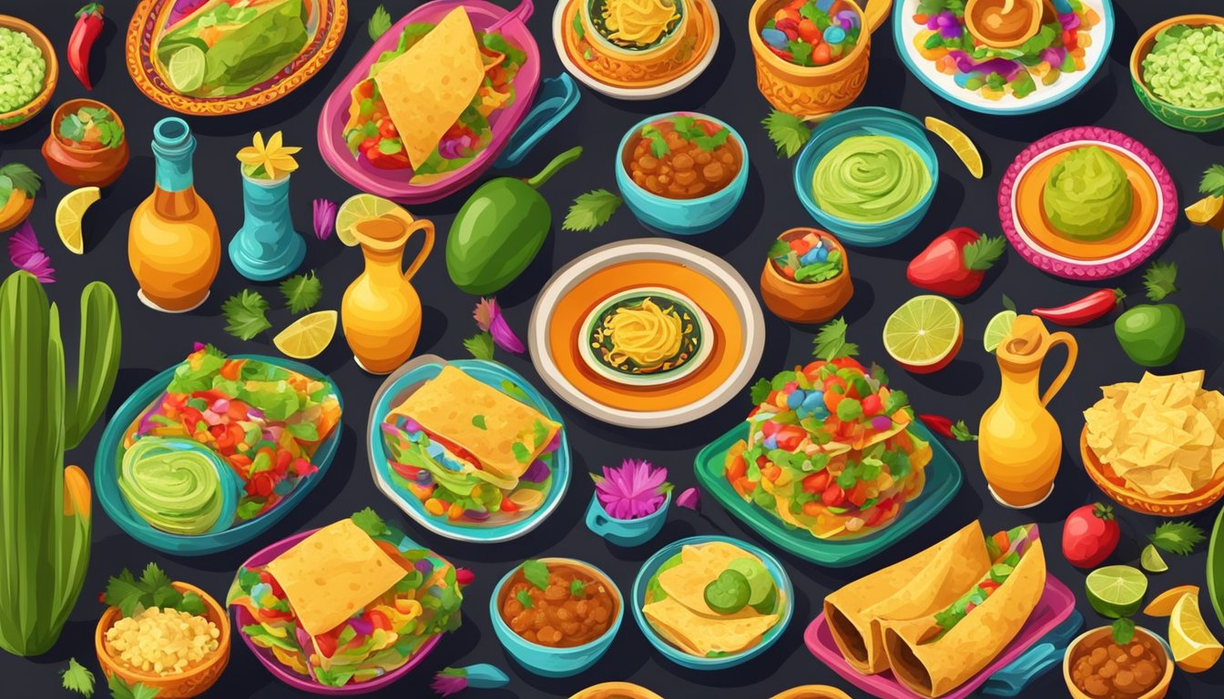 A festive table with colorful Mexican dishes and decorations for Cinco de Mayo celebration