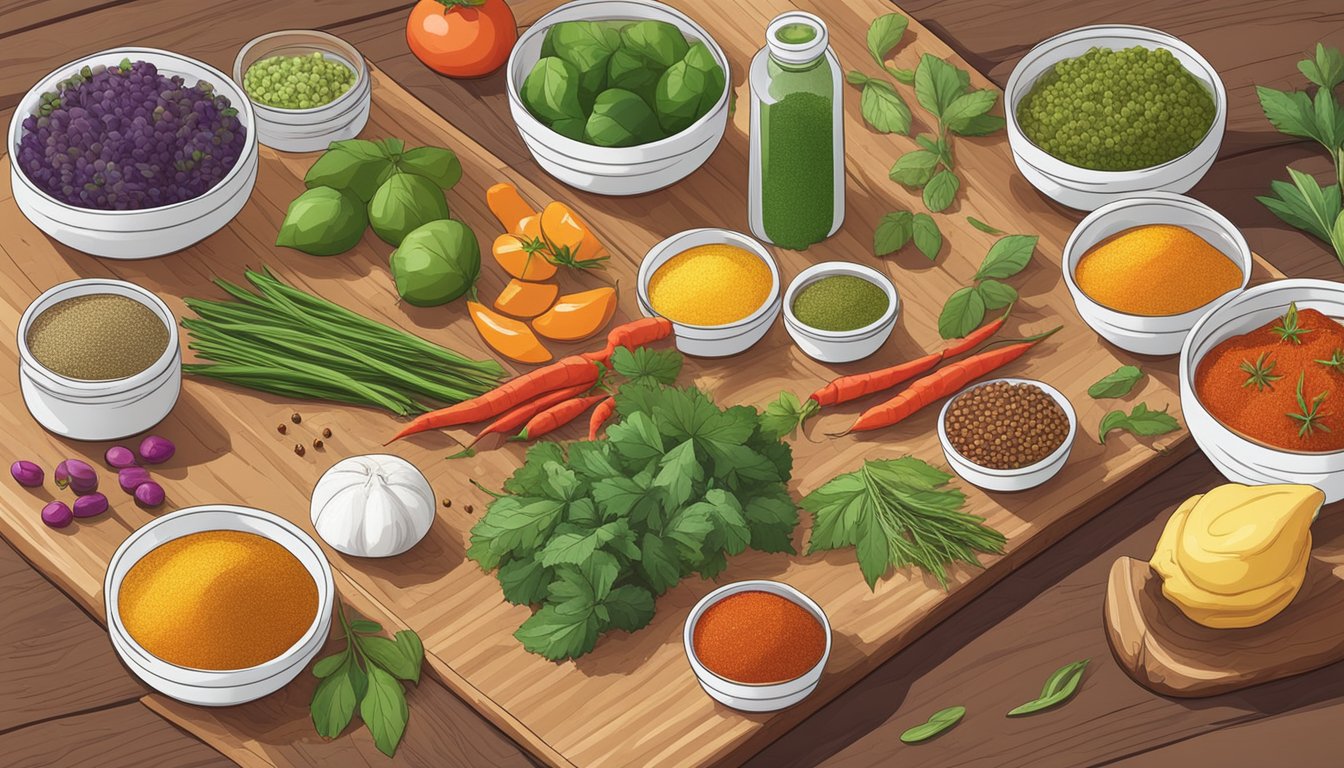 Fresh ingredients arranged on a wooden cutting board, surrounded by colorful spices and herbs. A variety of meal prep containers are neatly stacked in the background