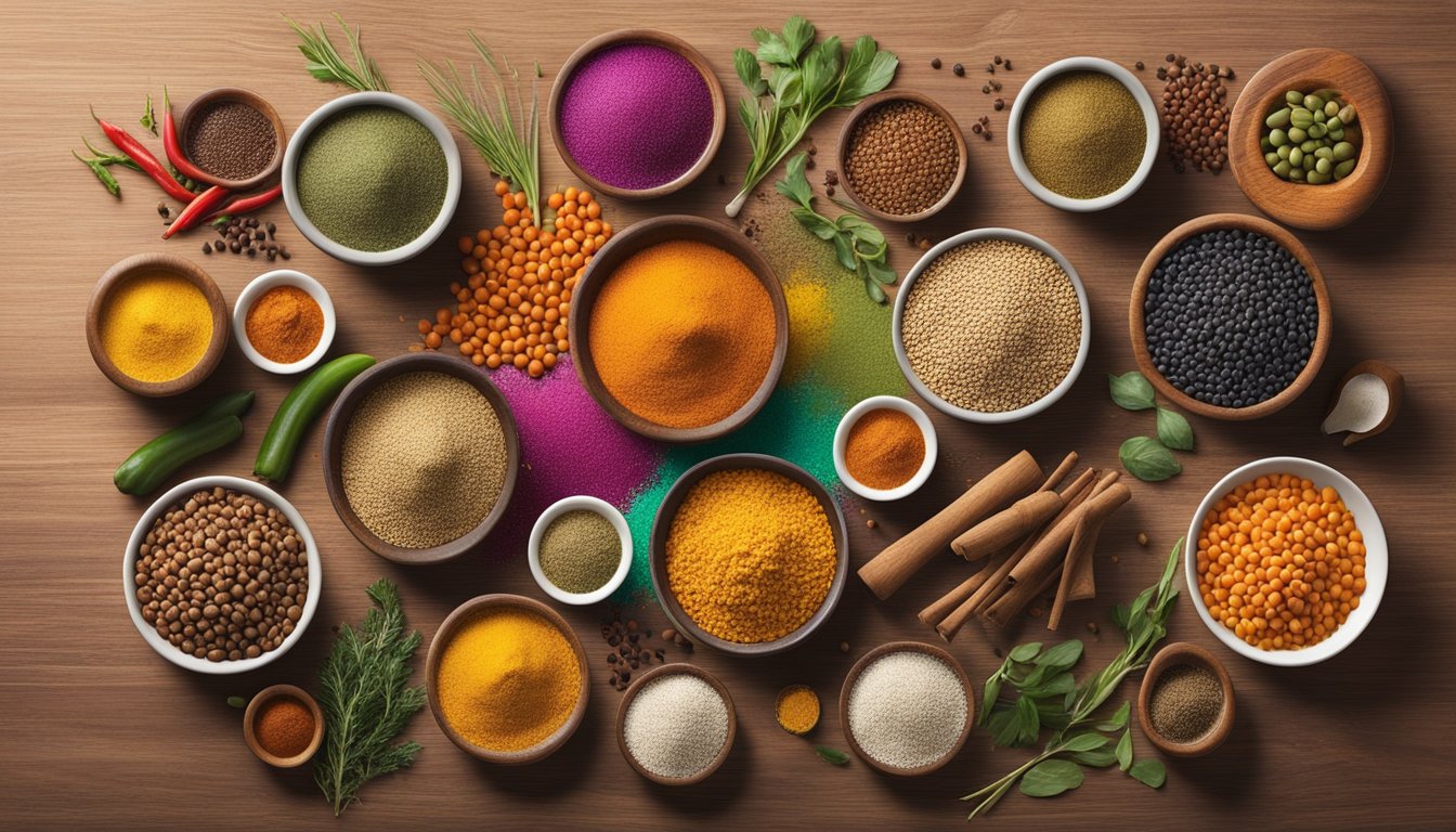 A colorful array of ingredients including spices, vegetables, lentils, and grains spread out on a wooden table for Holi meal prep