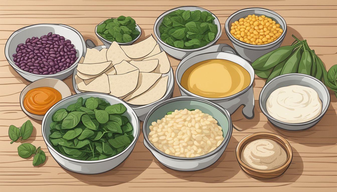 A colorful array of ingredients - white beans, spinach, tortillas, and sauce - laid out on a clean kitchen counter ready to be assembled into enchiladas