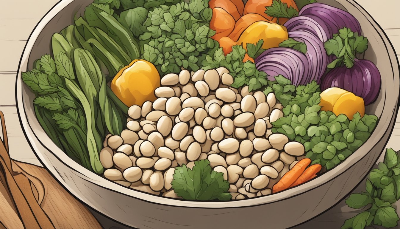 A rustic bowl filled with herbed white beans, farro, and colorful vegetables, ready for meal prep