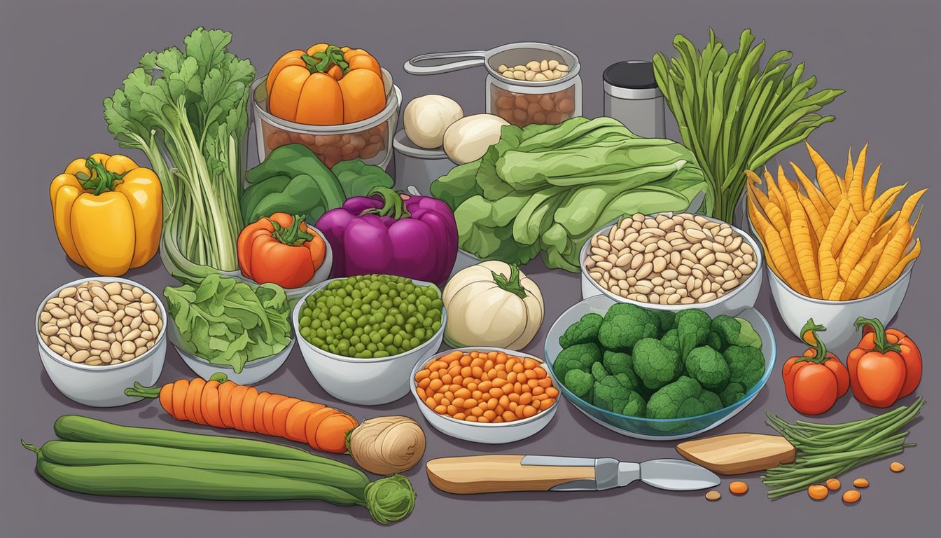 A colorful array of fresh vegetables and great northern beans arranged on a kitchen counter, surrounded by various cooking utensils and meal prep containers