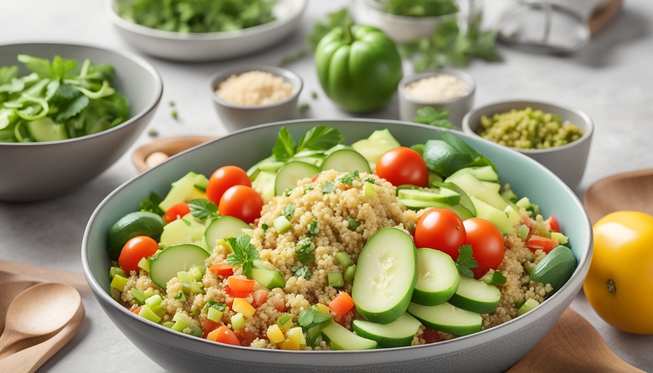 A colorful bowl of chayote and quinoa salad surrounded by fresh ingredients like tomatoes, cucumbers, and herbs, with meal prep containers in the background