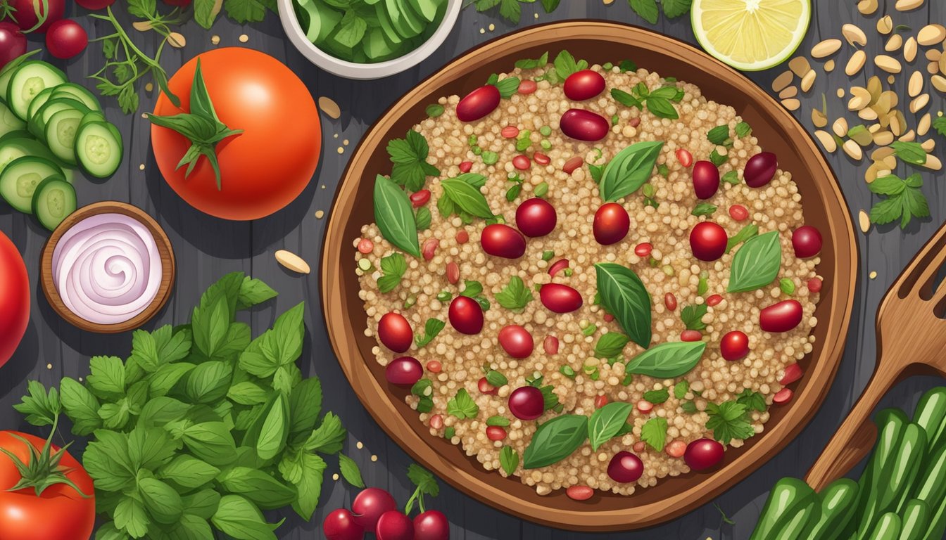 A colorful bowl of cranberry bean and quinoa salad surrounded by fresh ingredients like tomatoes, cucumbers, and herbs on a wooden cutting board