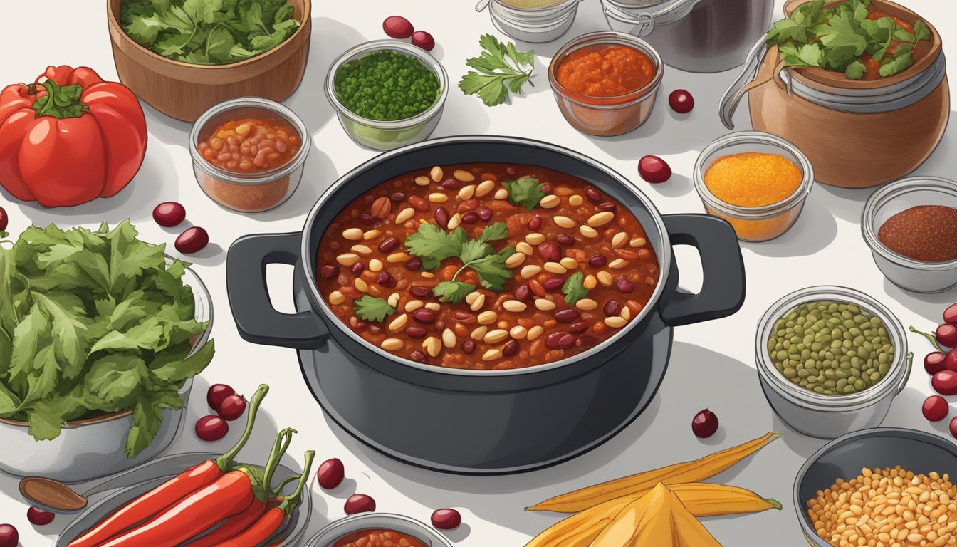 A steaming pot of spicy cranberry bean chili surrounded by various meal prep ingredients and containers