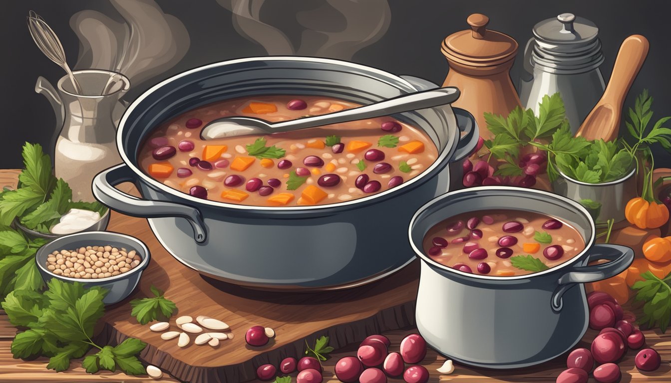 A steaming pot of hearty cranberry bean soup surrounded by fresh ingredients and cooking utensils on a rustic kitchen counter