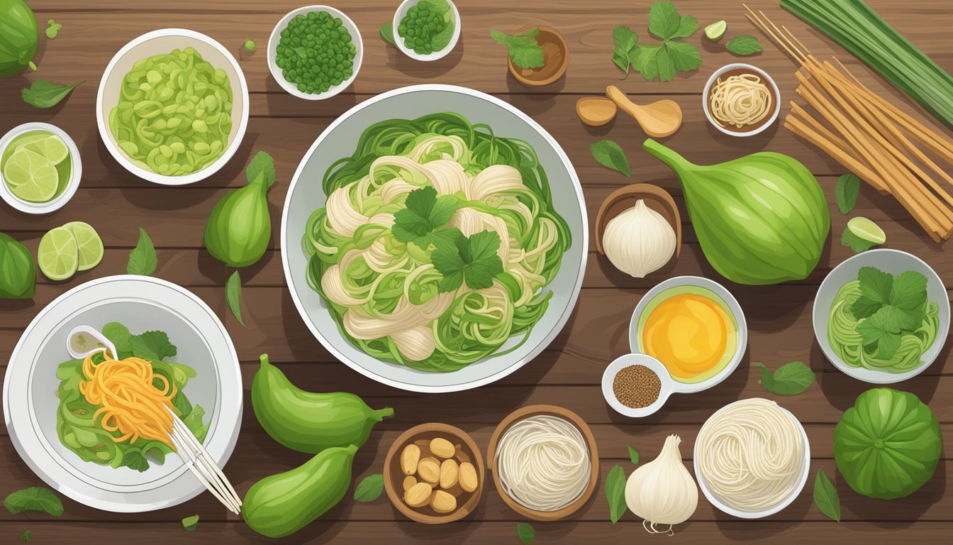 A colorful array of chayote noodle bowls arranged on a wooden table, surrounded by various ingredients and cooking utensils