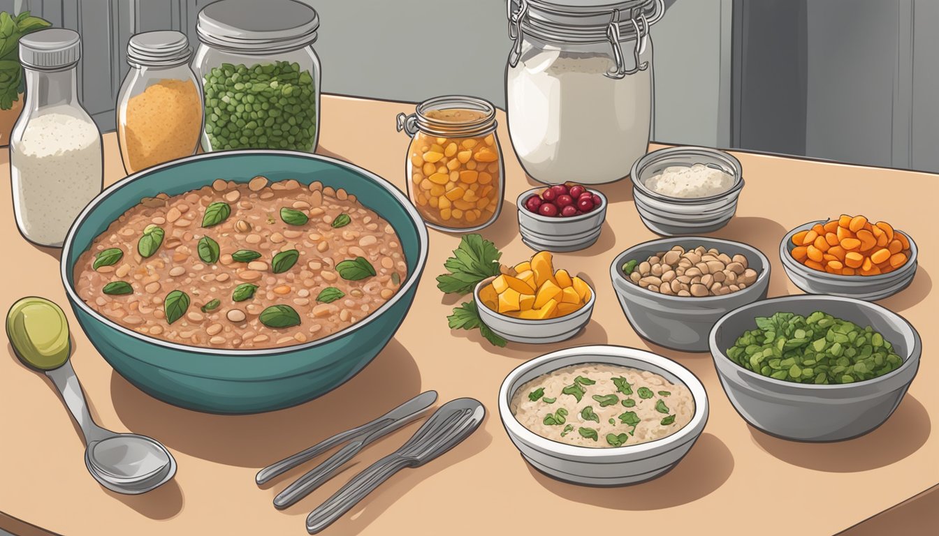 A bowl of Mediterranean cranberry bean dip surrounded by various meal prep ingredients and utensils on a kitchen counter