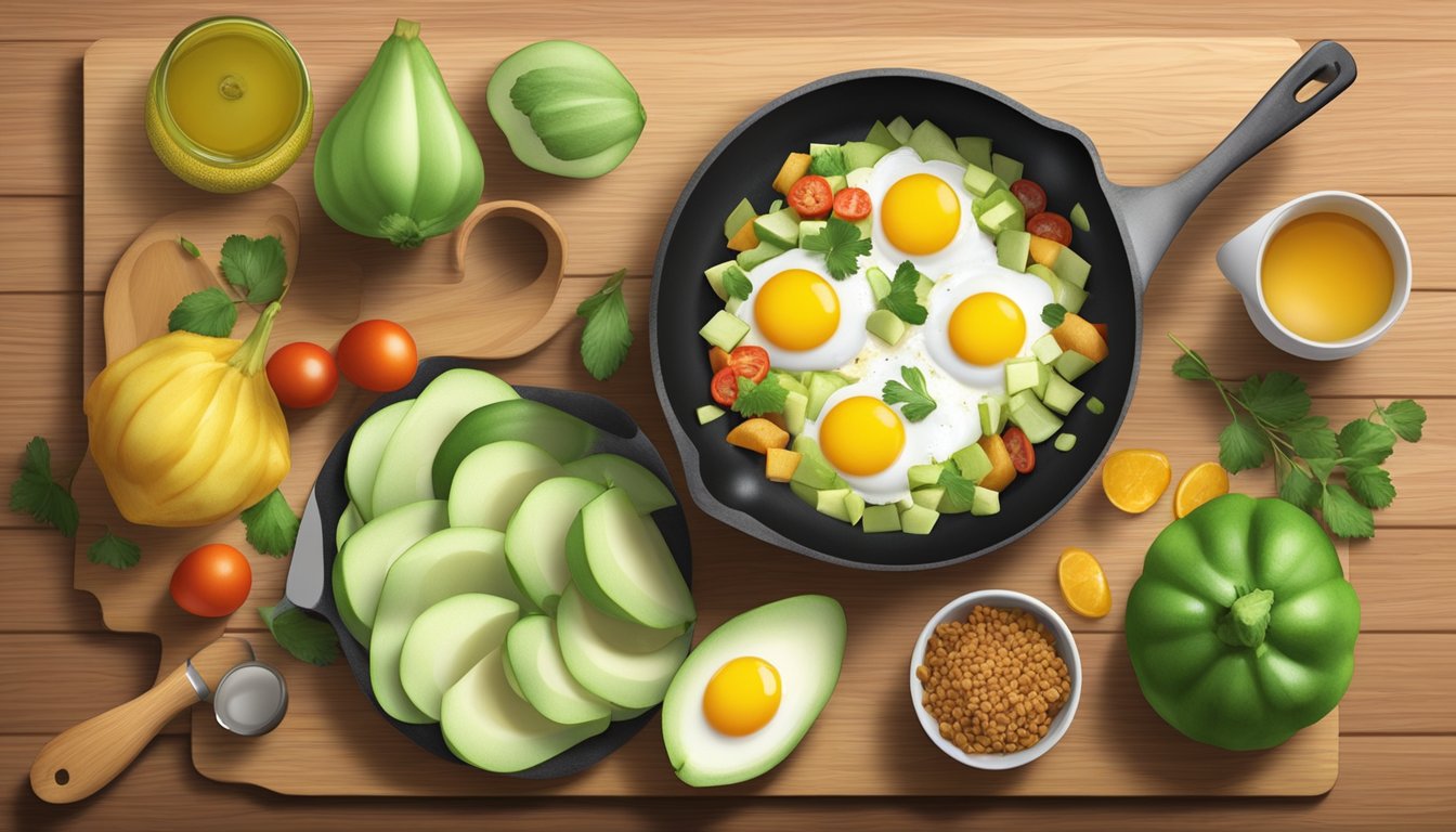 A colorful breakfast skillet with chayote squash, eggs, and various ingredients arranged on a wooden cutting board