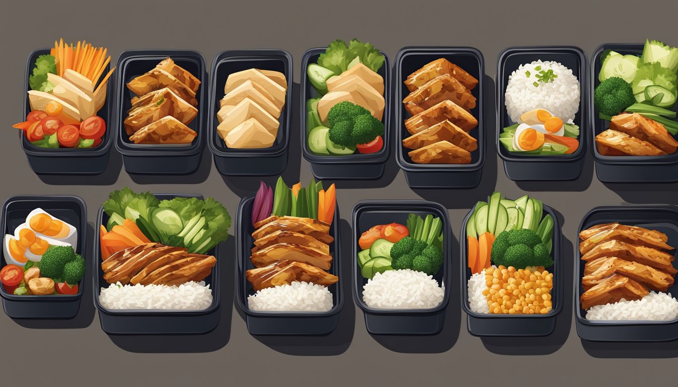 A colorful array of bento boxes filled with grilled teriyaki chicken, neatly arranged with fresh vegetables and rice