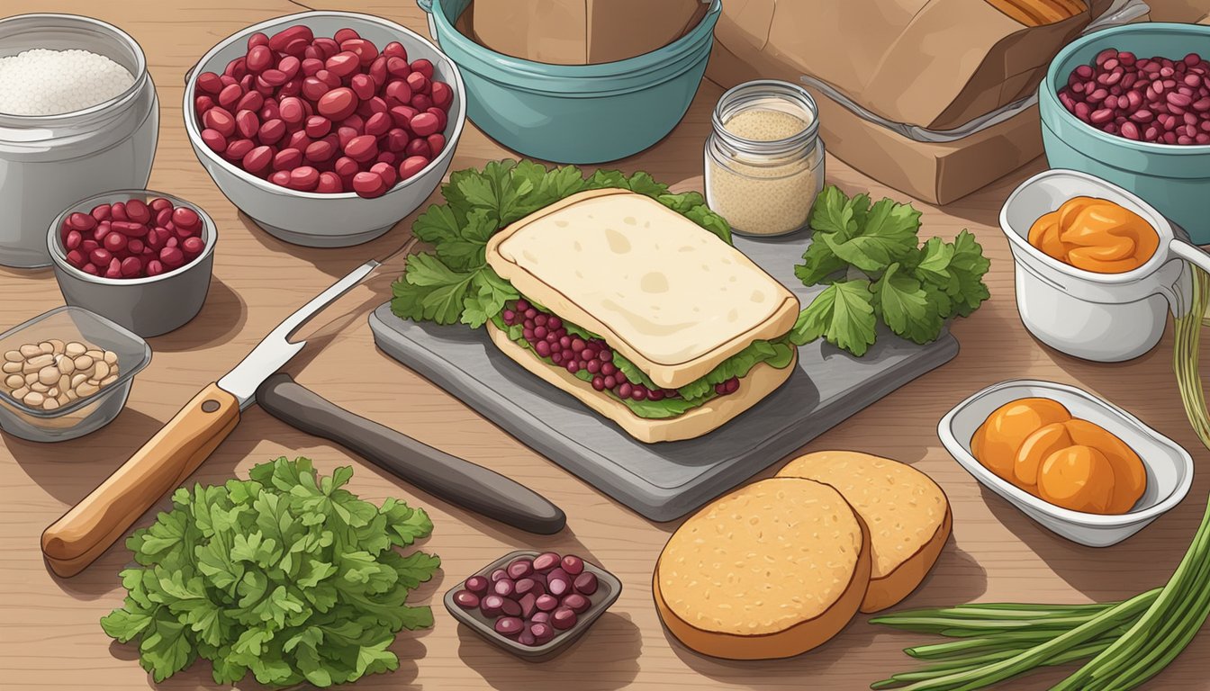 A kitchen counter with ingredients and utensils for making cranberry bean veggie burgers