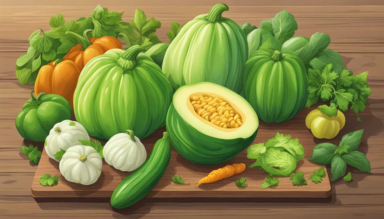 A colorful array of chayote squash, surrounded by fresh vegetables and herbs, arranged on a wooden cutting board