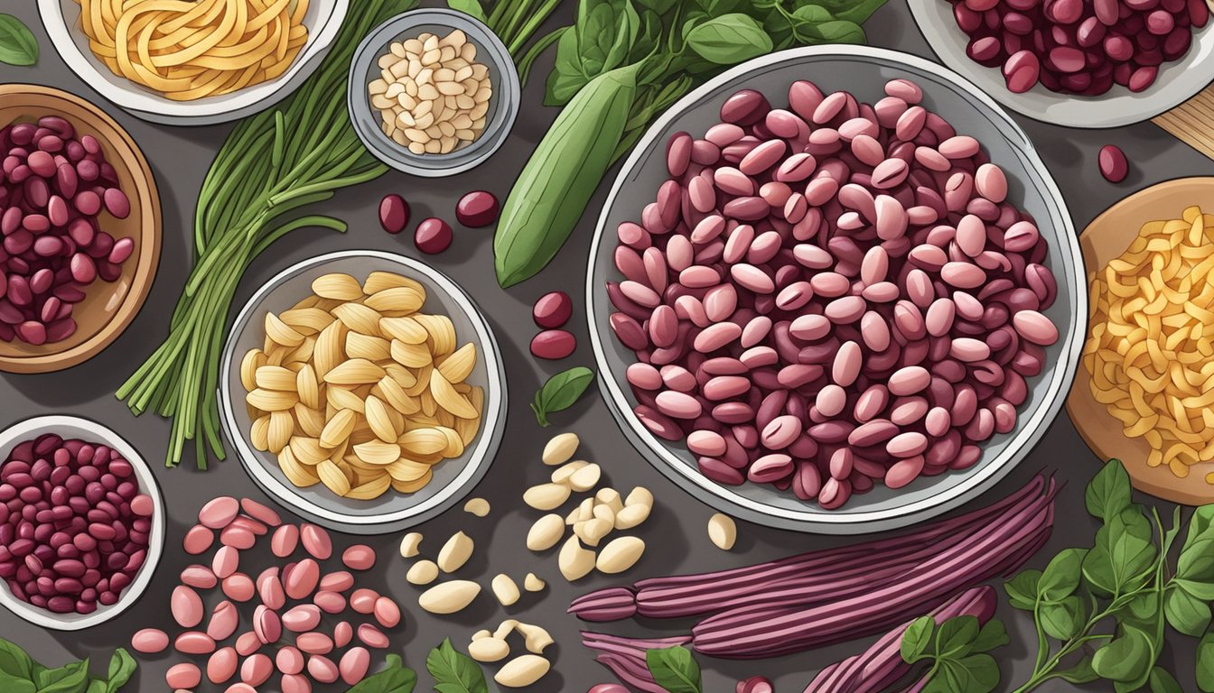 A colorful array of fresh cranberry beans, pasta, and assorted ingredients arranged on a kitchen counter for meal prep