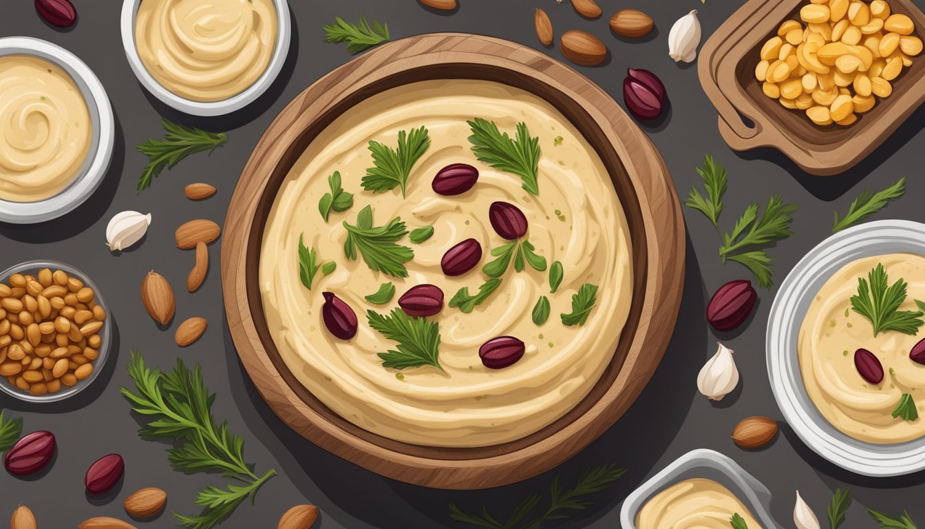 A wooden bowl filled with creamy hummus, garnished with roasted garlic and cranberry beans, surrounded by ingredients and meal prep containers