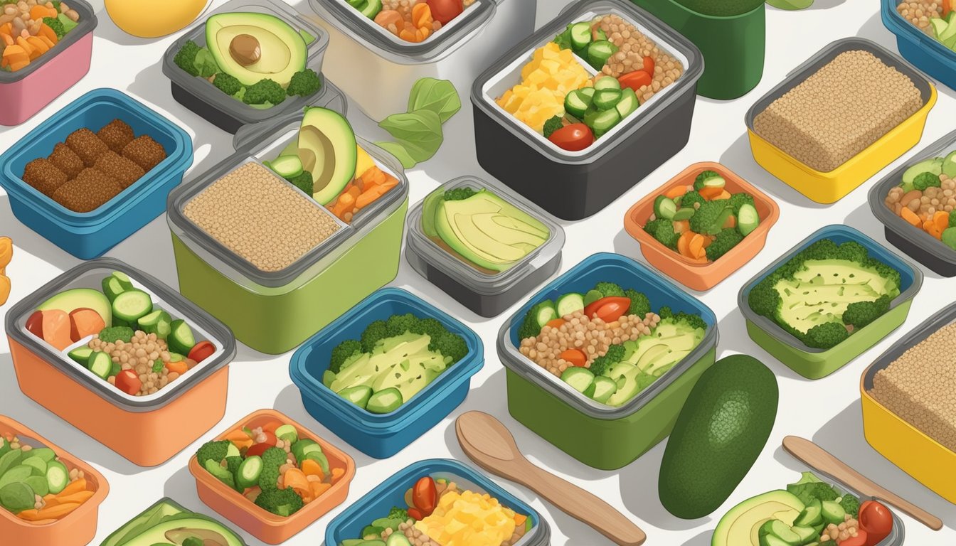 A colorful bento box filled with quinoa salad and sliced avocado, surrounded by six other neatly arranged meal prep containers