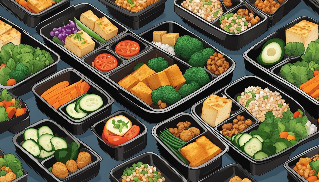 A colorful array of bento boxes filled with tamari-glazed tofu, fresh vegetables, and neatly arranged meal prep containers